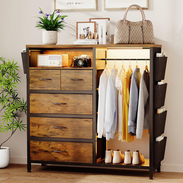 Dresser with Clothes Rack, 5 Drawer Chest with Charging Station & LED