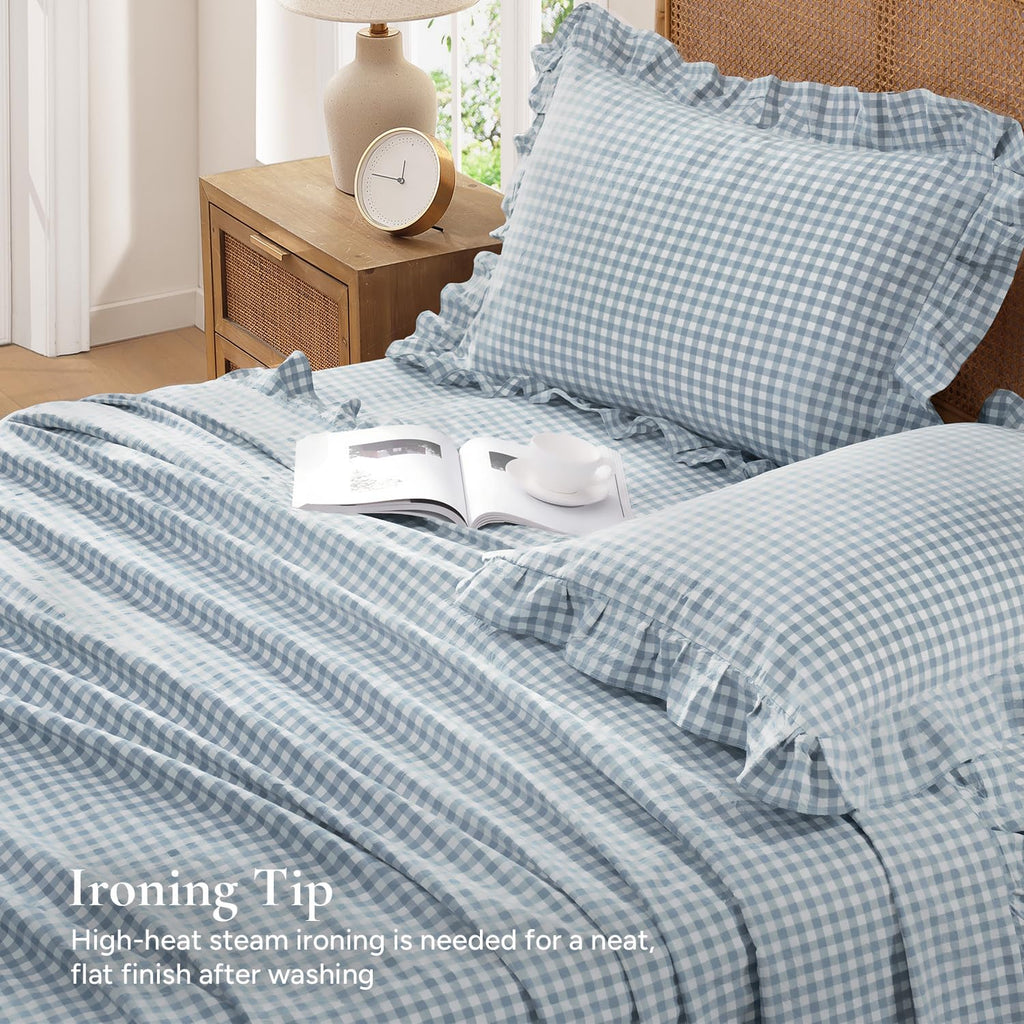 Blue Cotton Gingham Soft Breathable Sheets Set