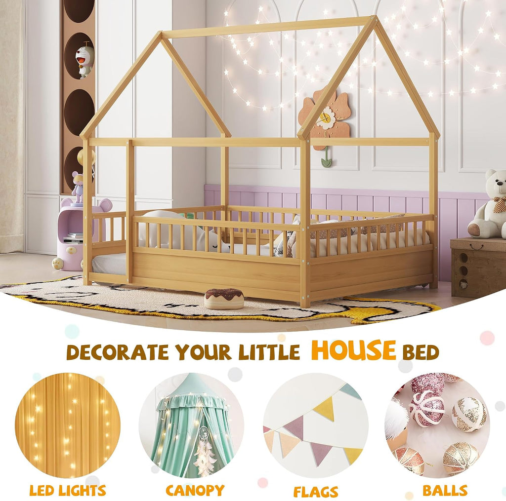 Montessori Floor Bed with High Fence, Roof and Door, Wood Montessori Bed, House Beds for Kids