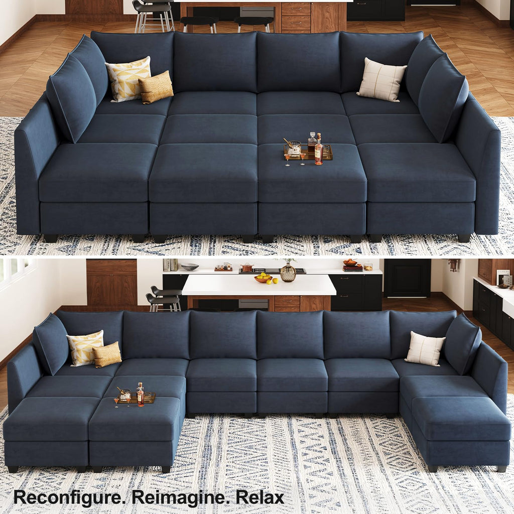 Oversized Modular Sectional Couch Sleeper Sofa with Storage Velvet Sectional Sofa Bed, 12 Seats, Blue