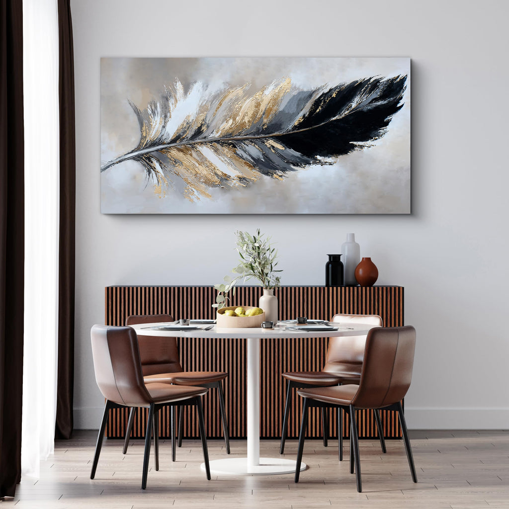 Black Gold Abstract Wall Art Minimalist Feather Canvas 20"X40"