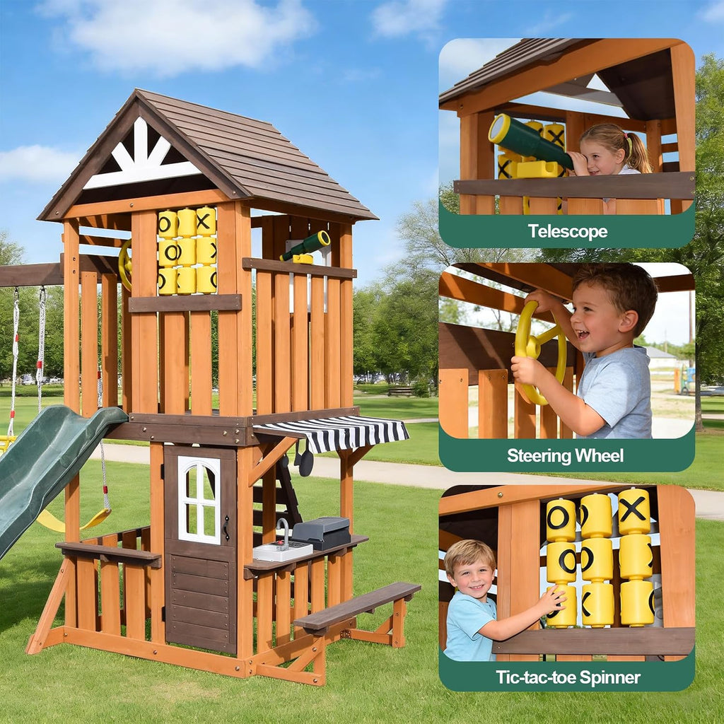 Cedar Wood Swing Set with Slide,Rock Wall,Belt Swings,Tic-Tac-Toe, Play Kitchen for Kids Backyard Outdoor