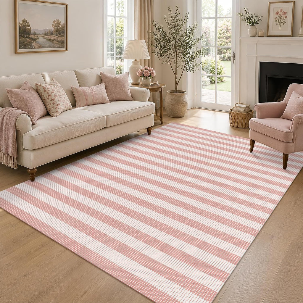Washable Pink Woven Area Rug, Natural Striped Cotton Living Room Rugs Low Plie Non-Slip Outdoor Patio Rug, Modern