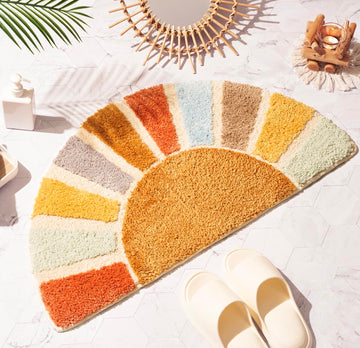 Sunrise Boho Bathroom Rugs, Half Circle Bath Mat Cute, Sun Bath Mats, Retro Bohemian Home Bathroom Decor, Small Colorful