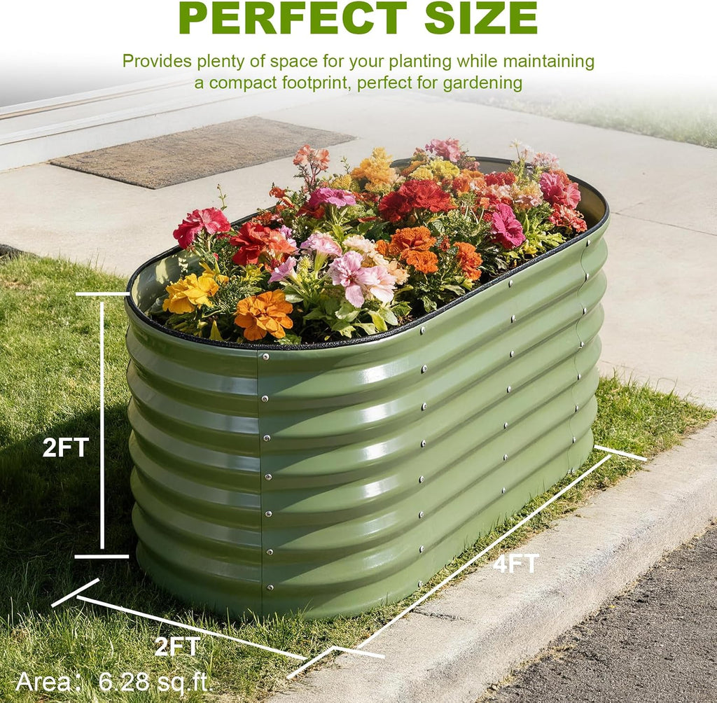 24" Tall Galvanized Raised Garden Bed Outdoor, 4x2x2ft, Green | Deep Metal Planter Box, Safety Edging, Support Bars