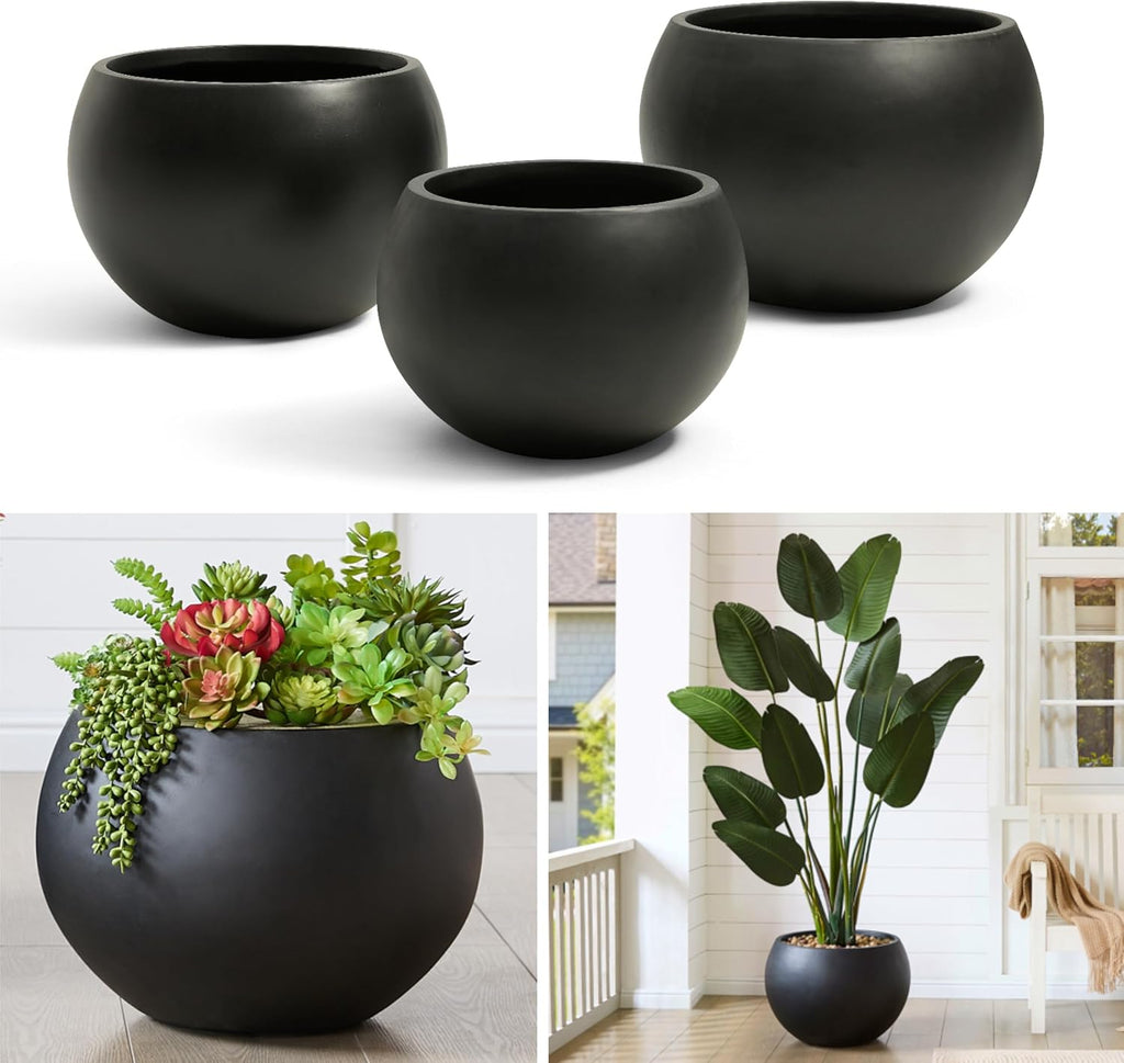 19.3" Dia-13 H Fiberstone Sphere Planter, Black Round Flower Pot | Large Concrete Planters for Indoor Outdoor, 15"