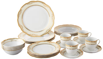 Isabella-24 24 Piece Isabella Design Porcelain Wavy Edge Dinnerware Set, White