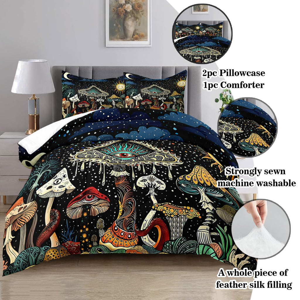 Mushroom Comforter Set Queen Green, Hippie Bedding Sets Queen, Goth Comforter Boho Style Queen Size Quilt