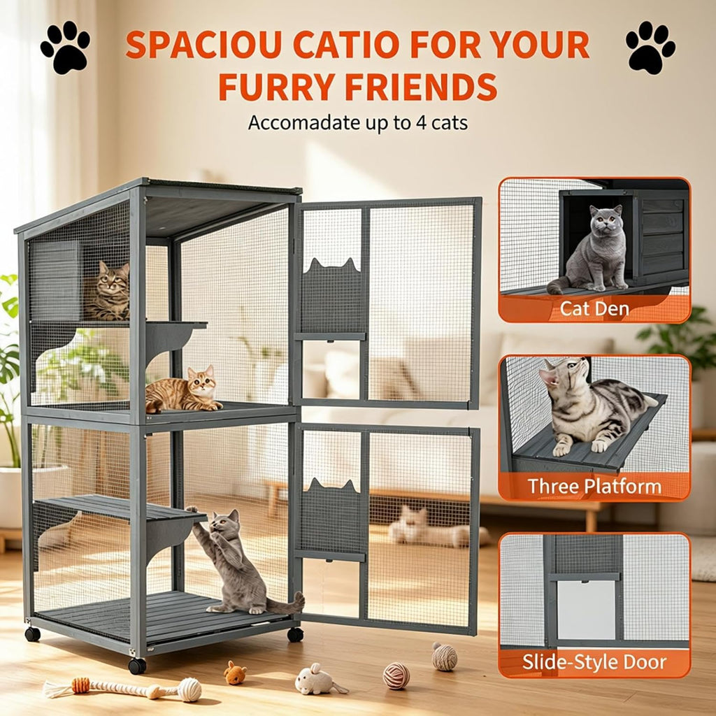 4-Tier 69" H Wooden Cat Enclosure Catio Indoor/Outdoor Cat House