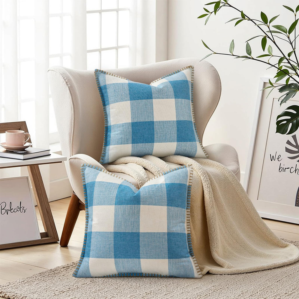 Fall Plaid Linen Throw Pillow Covers 22x22 Set of 2 Sky Blue