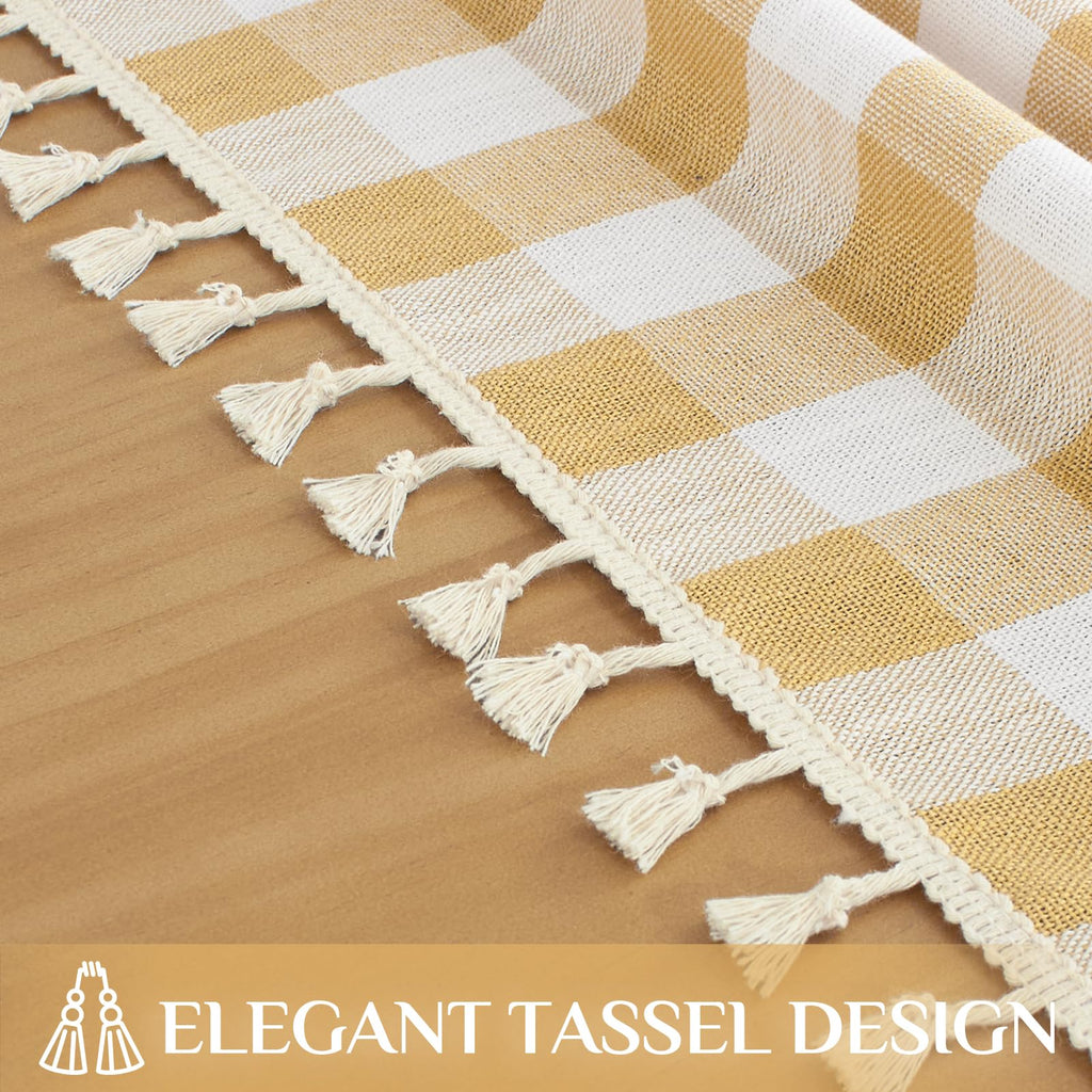 Gingham Rectangle Tablecloth with Tassel, Yellow, 55" x 120"