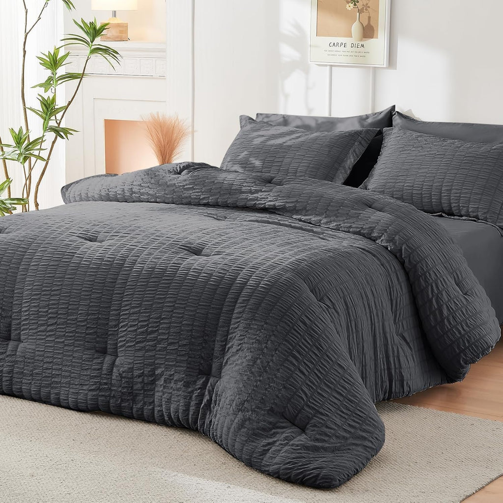 Queen Comforter Set Seersucker 7 Pieces, All Season Luxury Bed in a Bag, Bedding Set with Comforters, Sheets