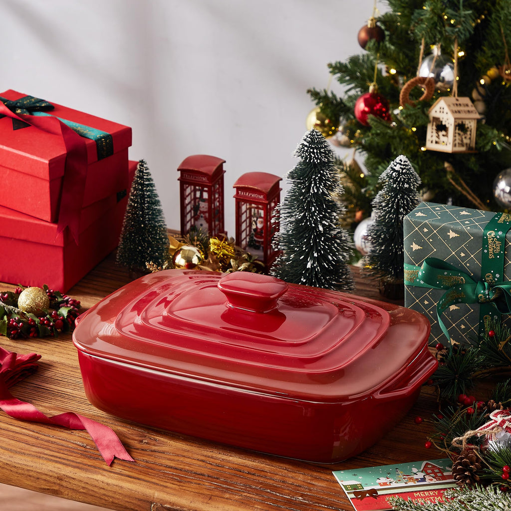 Large Ceramic Casserole Dish with Lid, 4 QT Baking Dish, Red