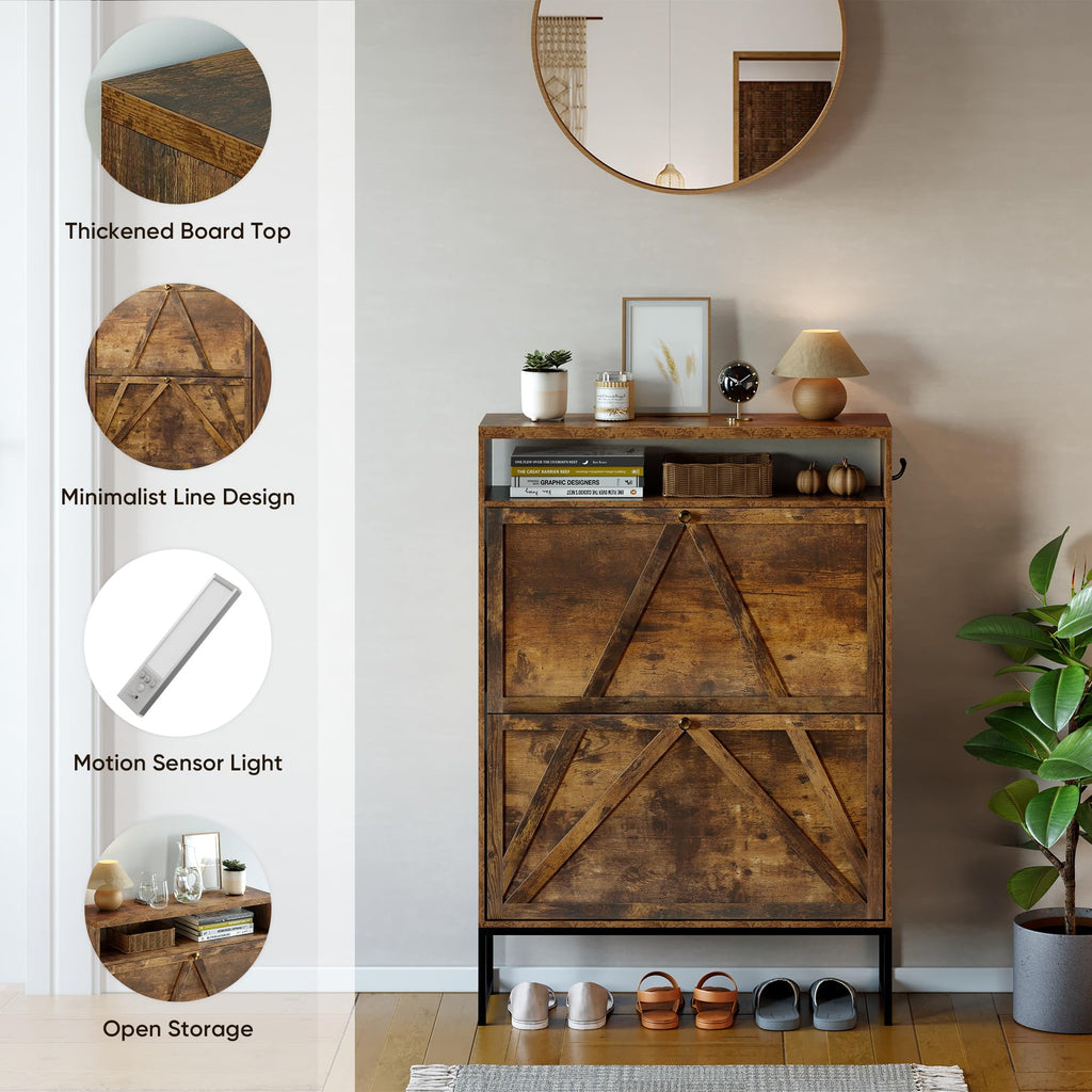Shoe Storage Cabinet with 2 Flip Drawers, Modern Hidden Shoe Storage Organizer, Narrow Wooden Freestanding Shoe Rack