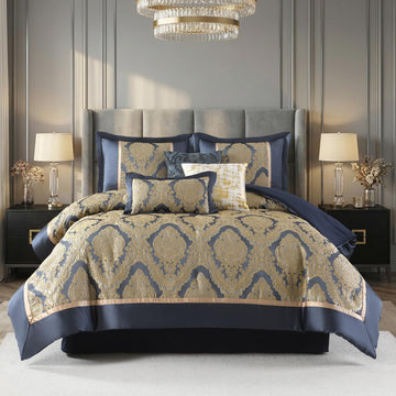 Luxury 7 Piece Queen Comforter Set, Vintage Damask Jacquard Design Bed in Bag Queen, All Season Navy Blue and Gold