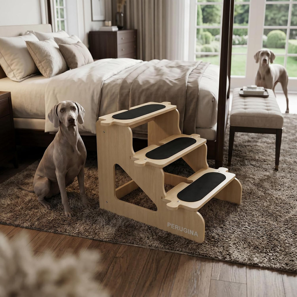 Wood Dog Stairs for Bed, NaturalWood Pattern, L 80lb
