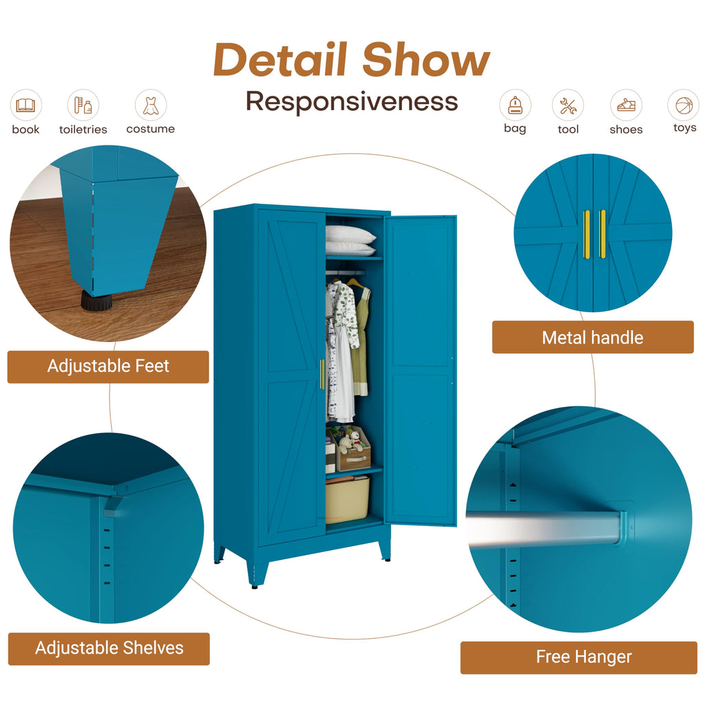 71" Metal Wardrobe Closet Clothing Storage Cabinet with Hanging Rod