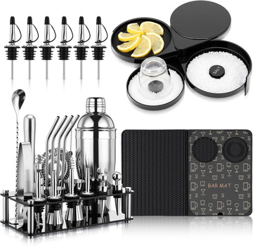 Cocktail Shaker Set and Bartender Kit with Stand, 18 x 12 Inch Folding Bar Mat with Cutting Board, 3 Tier Bar - Set of 28