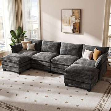 KKL 120" Modular Sectional Sofa for Living Room, U-Shaped 6 Seater Convertible L-Shaped Cloud Couch with Ottoman
