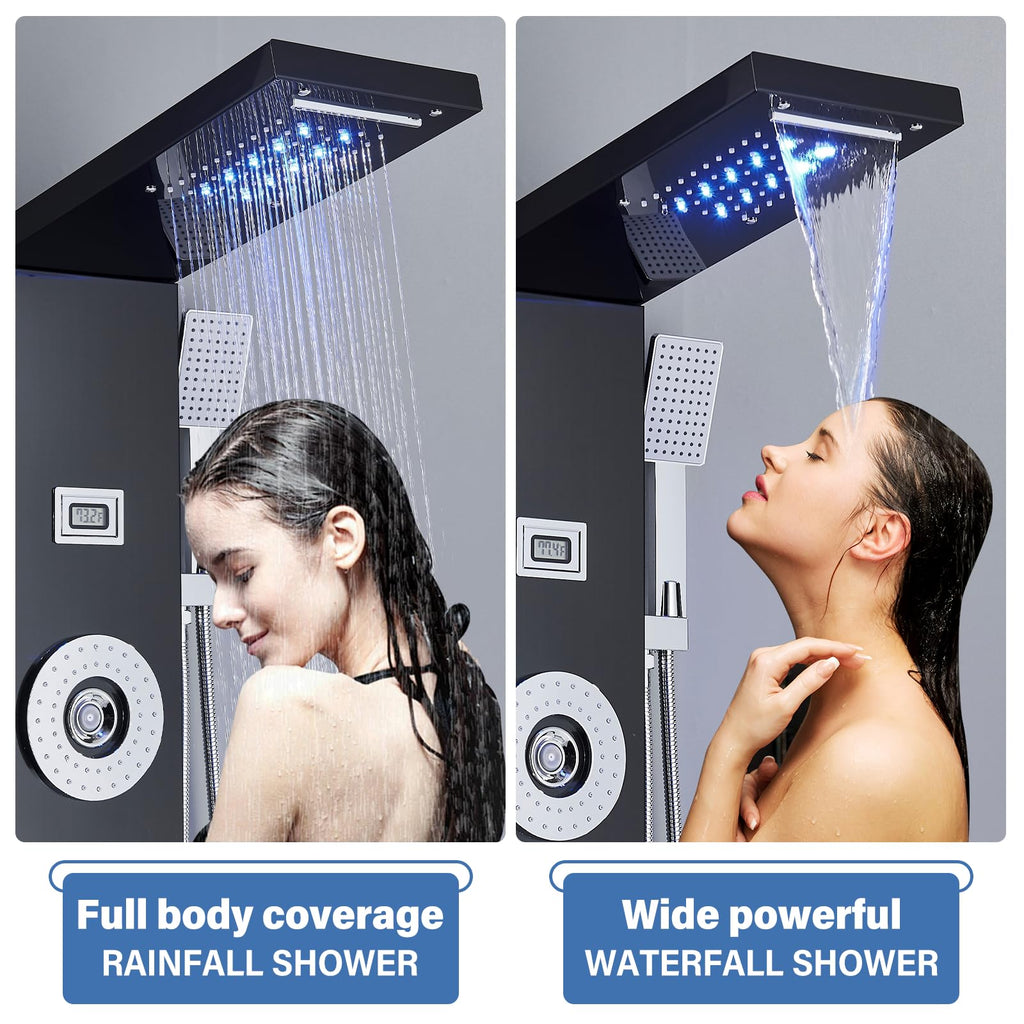 AlenArt Shower Panel Tower System Rainfall Waterfall Shower Head with Body Jets Stainless Steel Rain Massage System
