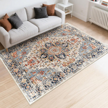 Area Rugs Washable Non-Slip, Floral Vintage Distress Print Pattern Medallion Carpet Bedroom Dining Room, Beige Navy