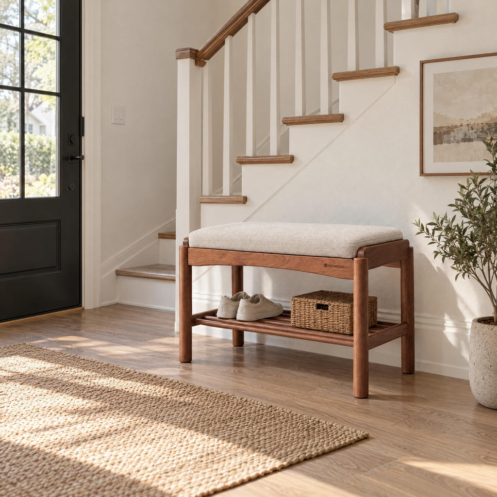 Solid Wood Shoe Bench, 24 Inch Entryway Bench with Light Gray Cushion