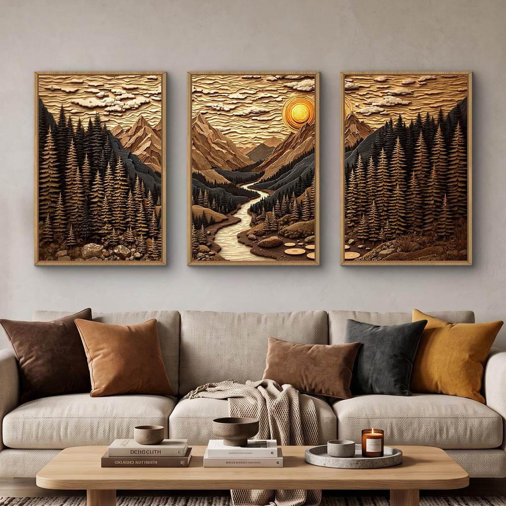 Abstract Landscape Mountain Canvas Wall Art Set, Vibrant Sun Forest Pine Tree Wall Decor, Wilderness Nature River