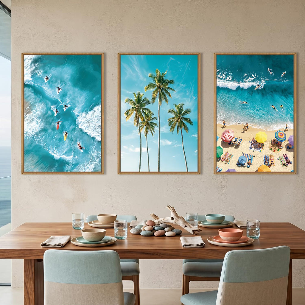 Surfing Beach Seascape Framed Canvas Wall Art Set, Summer Hawaii Ocean Coastal Surfboard Coconut Tree Wall Decor