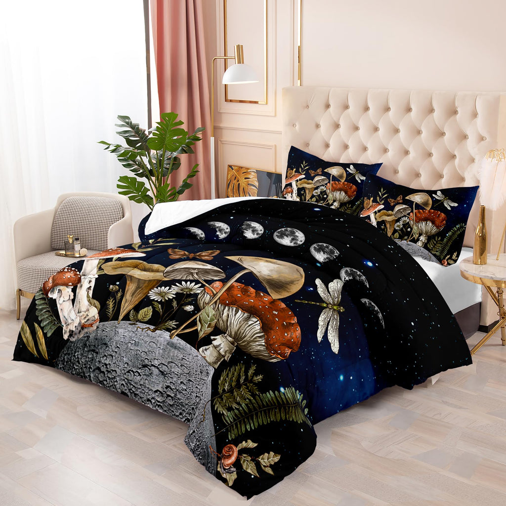 Mushroom Bedding Set Full, Black Mushroom Full Comforter Set, Boho Mushroom Bedroom Decor, Full Bedding Sets