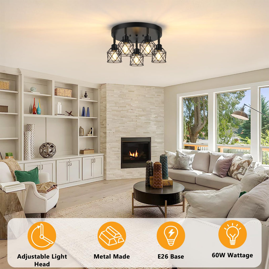 5-Light Adjustable Kitchen Light Fixtures, Multi-Directional Black Ceiling Light Fixtures, Semi Flush Mount Ceiling