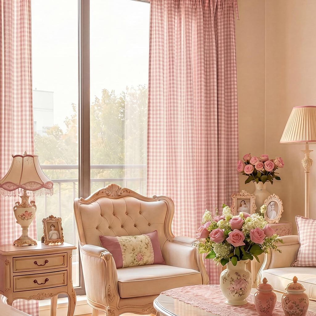 Rose Pink Plaid Curtains, Tie Top Bow Knot Checkered Girls Room Window Treatments, Coquette Room Decor Semi Sheer