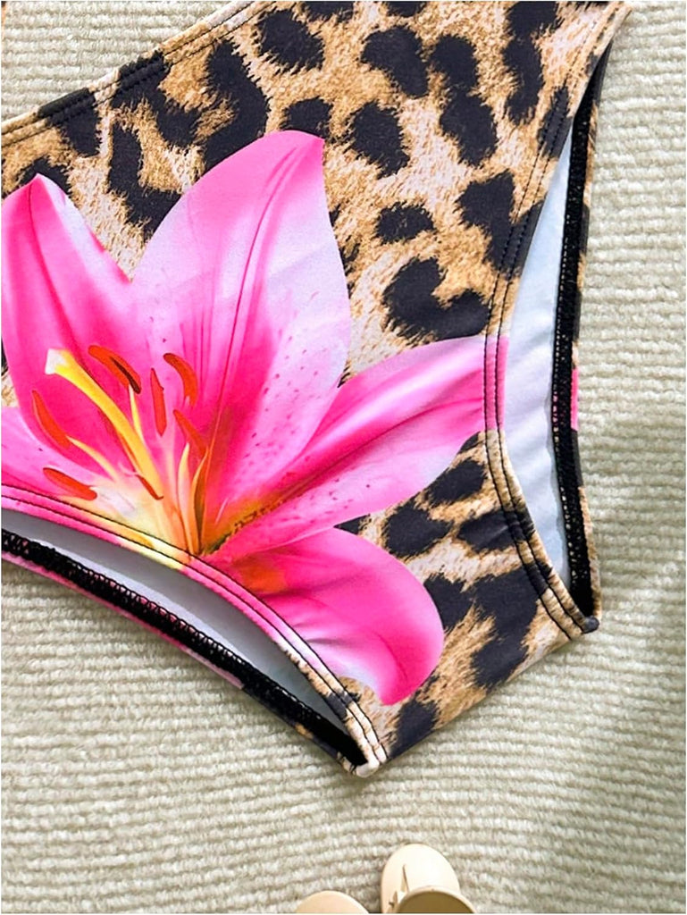 Girl's 3 Piece Swimsuits Leopard Floral Triangle Halter Bikini Set with Cover Up Beach Sarongs