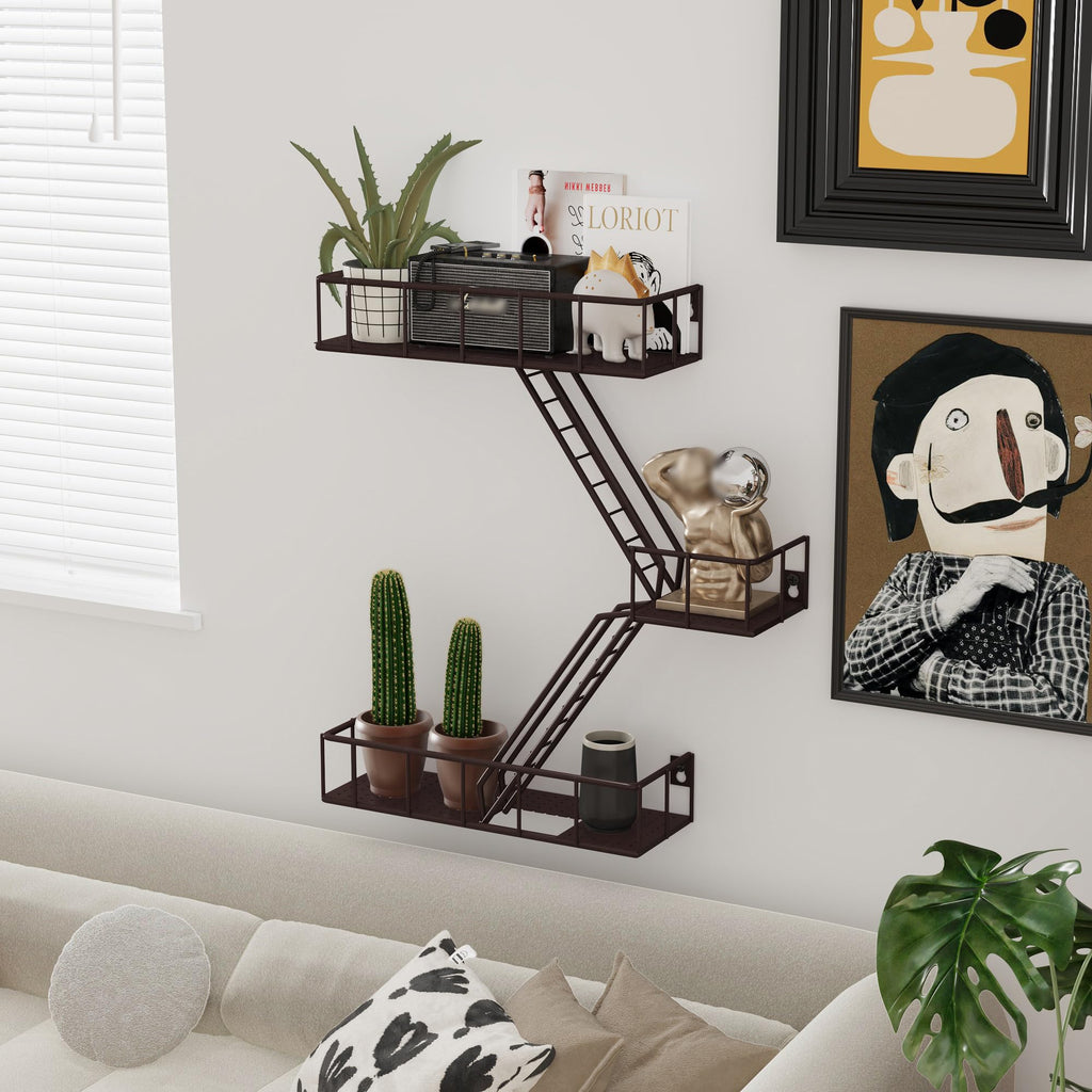 Fire Escape Shelf - 3 Tier Metal Coffe Fire Escape Wall Shelves with Baskets, New York Action Figurine Display Shelf