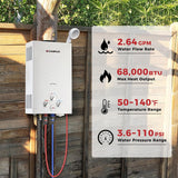 2.64 GPM Propane Portable Gas Water Heater, 68, 000 BTU Outdoor Tankless Camping Water Heater with Digital Display