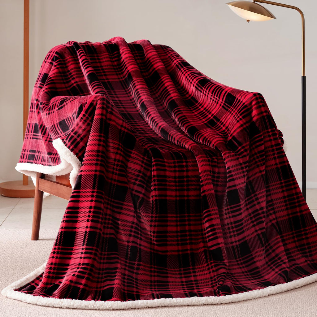 Sherpa Plaid Throw Blanket(60" X 70", Plaid Red), Fuzzy Fluffy Cozy Soft Blanket, Fleece Flannel Plush Twin Size