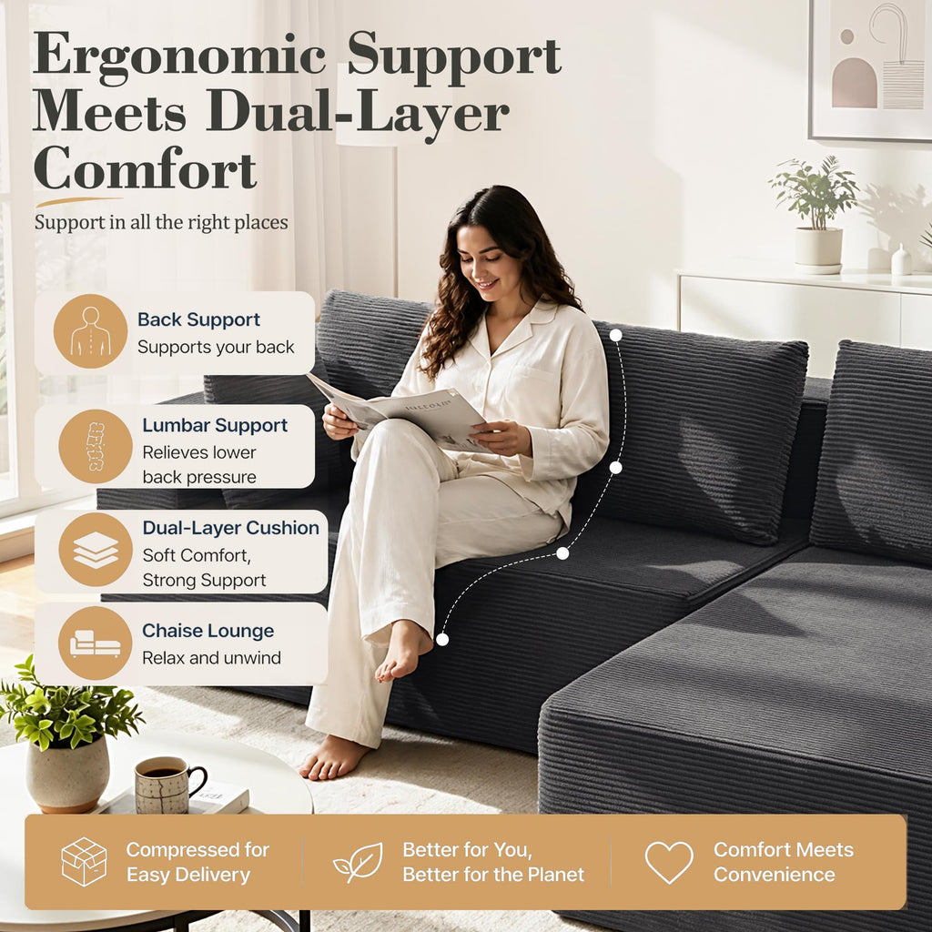 98" Cloud Sectional Boneless Couches, Modular L Shaped Sofa with Left Facing Chaise, Dual-Layer Foam, Corduroy