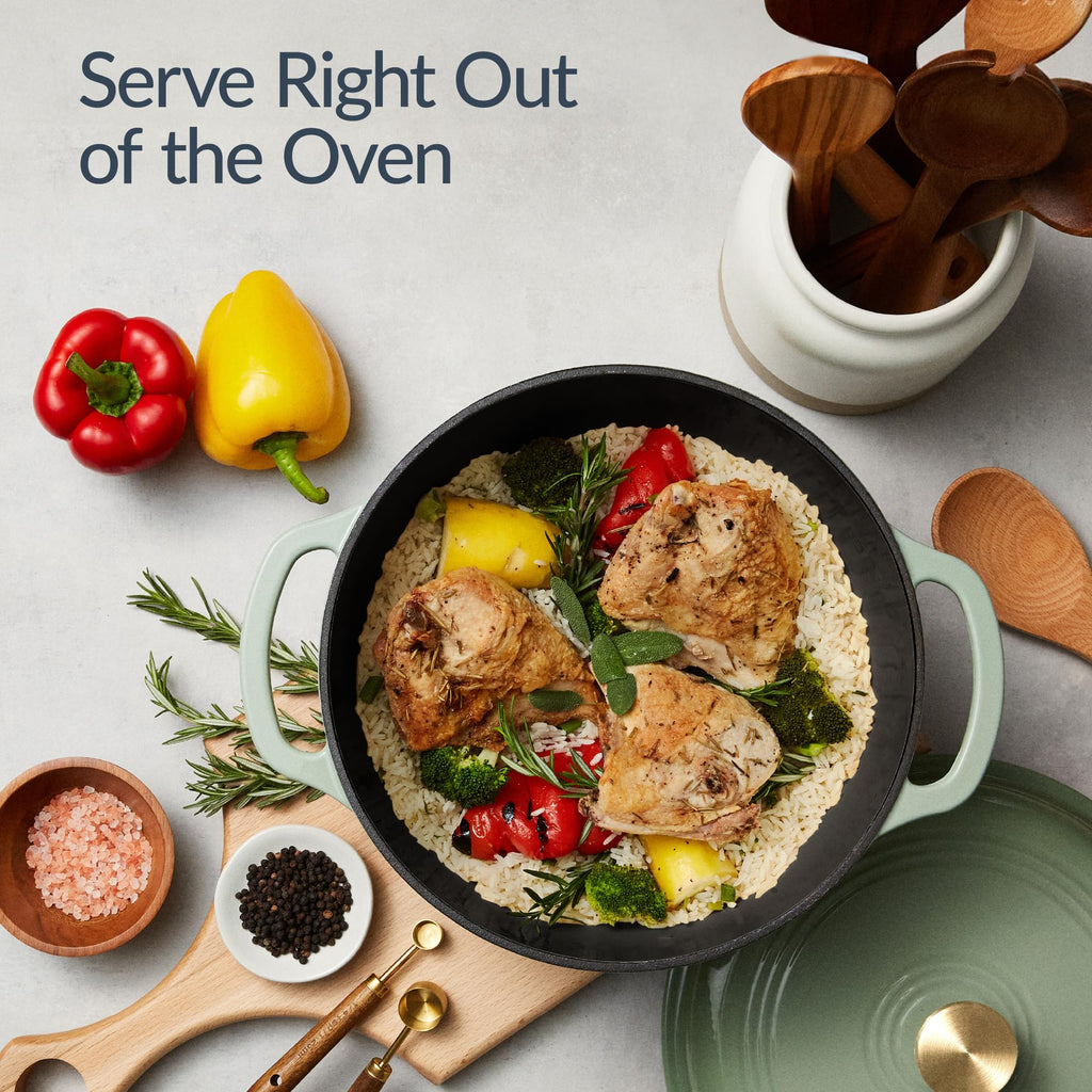 6-Piece Cast Iron Cookware Set, Ceramic Coated 6Qt Dutch Oven, 2Qt Skillet W/Lid, 10" Grill Pan W/Press, Non-toxic