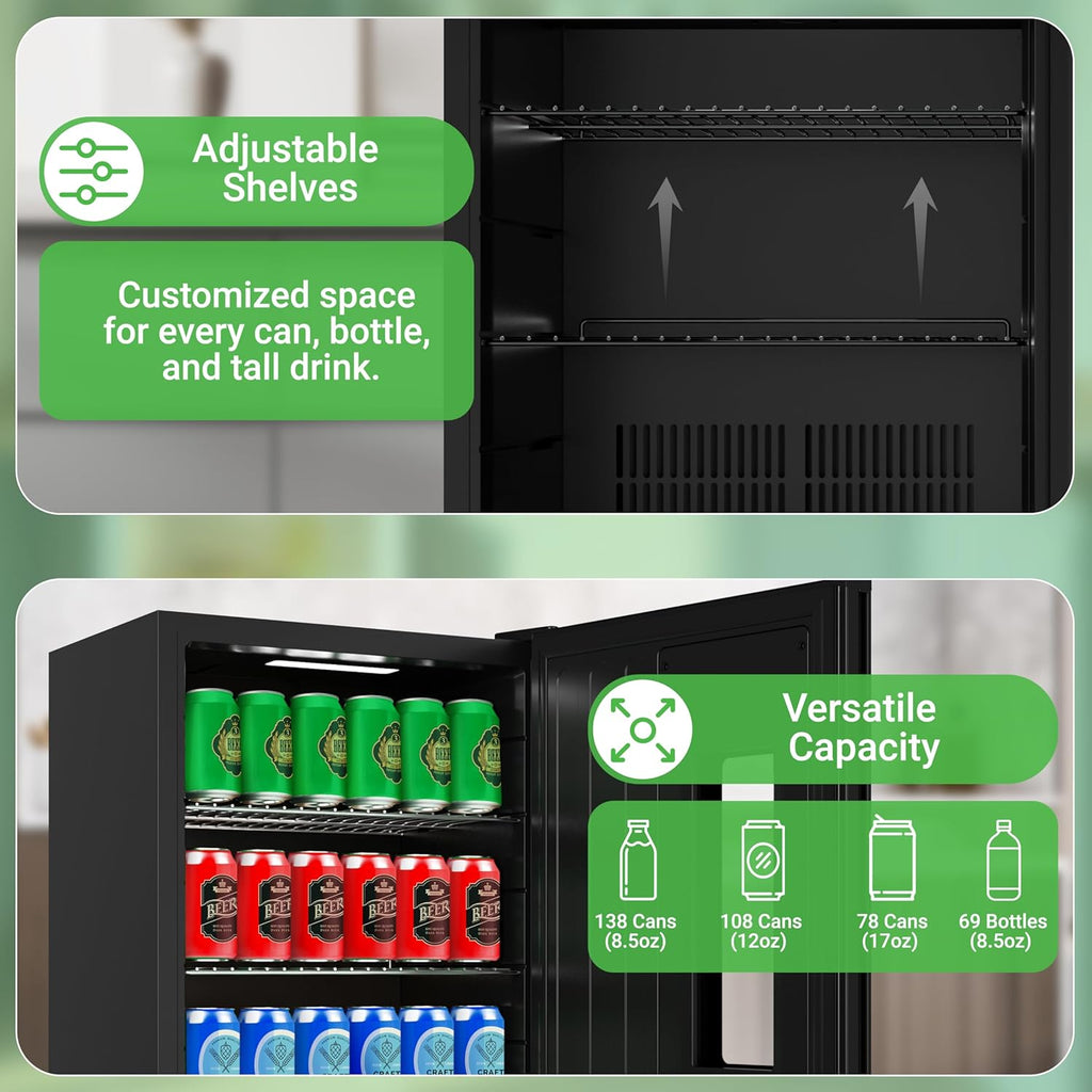 Beer Fridge 108 Can Capacity | Freestanding Beverage Refrigerator with Glass Doo