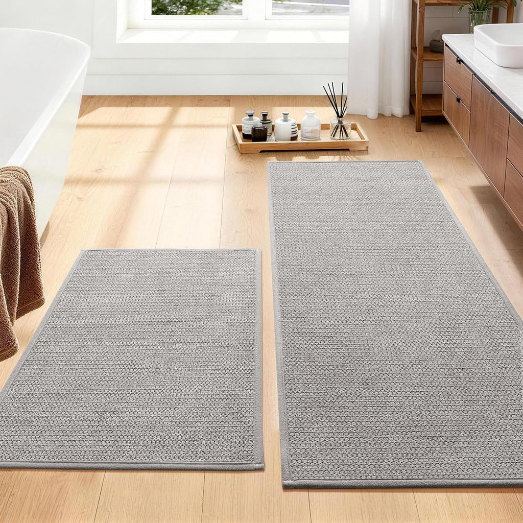 Gray Bathroom Rugs Sets 2 Piece, Quick Dry Thin Bath Mat, Non Slip Absorbent Machine Washable, Bath Runner Rug for