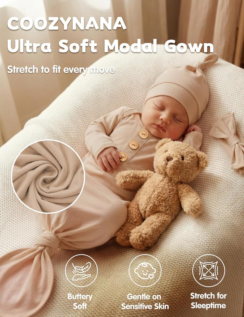 Newborn Knotted Gown, Soft Breathable Baby Sleep Gown with Hat & Headband