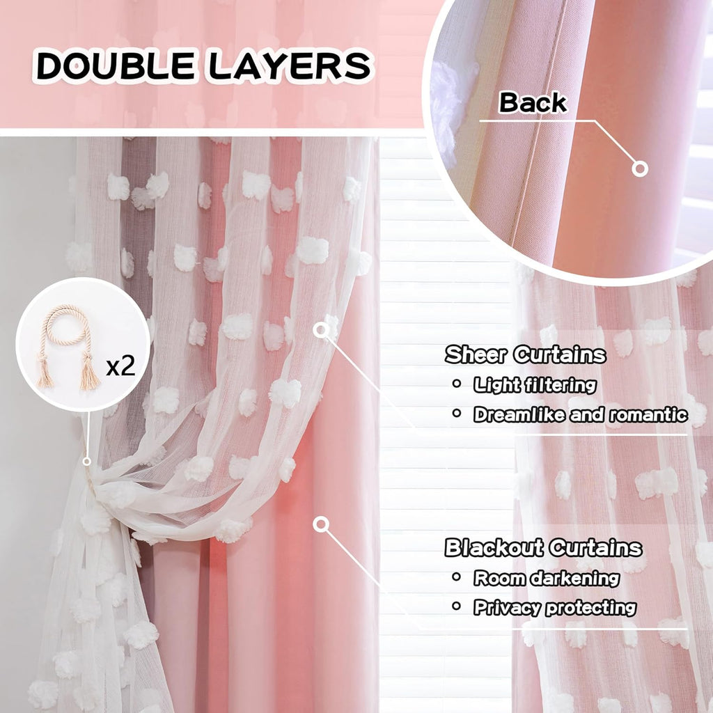 Grey Curtains 63 Inch Long Curtains for Kids Room Double Layer Nursery Curtains White Pom Pom Sheer Dining Room