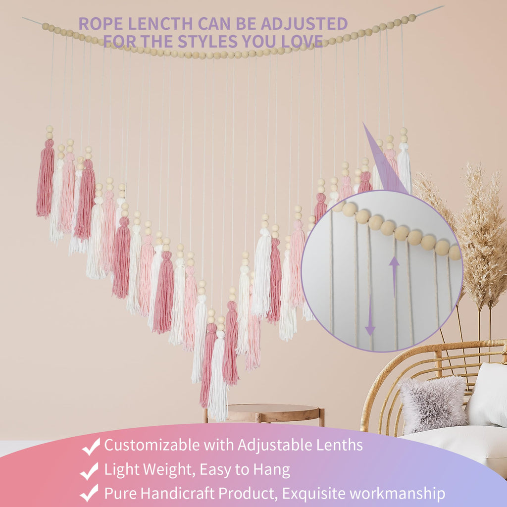 Pink&White Large Macrame Wall Haning Boho Decor, Blush Pink Tassel Wall Decor Bohemian, Pink Bedroom Living Room Girls