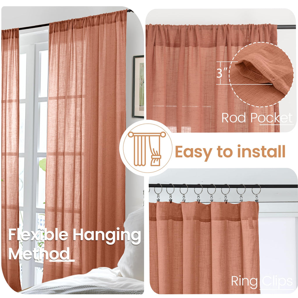 Terracotta Linen Curtains 54 Inch Length for Short Living Room, Semi Sheer Burnt Orange Drapes Boho Rustic Decor with
