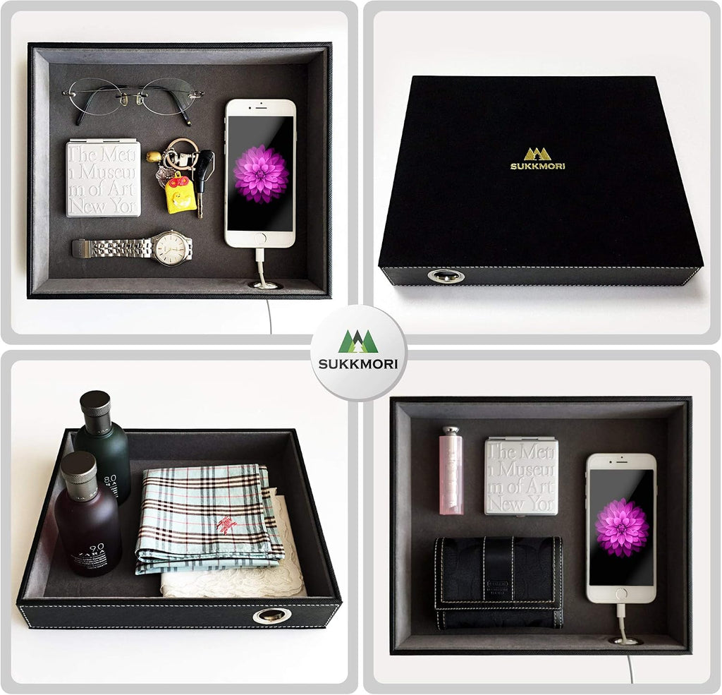 Valet Tray with Charging Station - PU Leather Nightstand Organizer for Men and Women, Desk Catchall Tray for Keys