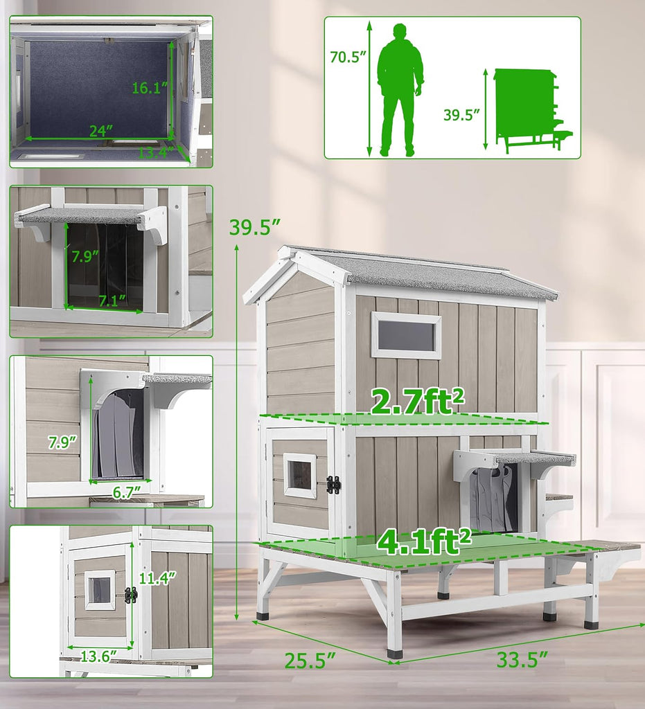 Outdoor Cat House Weatherproof Cats Shelter for Feral Kitten Pet Houses for 1-2 Small Animlas 2 Story Wooden Houses