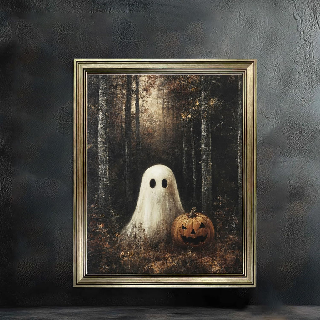 Framed Vintage Halloween Painting Dark Forest With Ghosts Wall Art Rustic Farmhouse Canvas Print Farmhouse Picture
