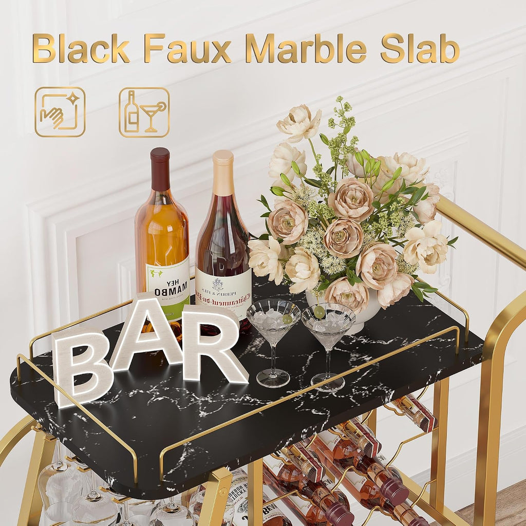Bar Cart Bar Serving Cart on Wheels, 3 Tier Liquor Carts with Wine Rack and Glass Holder, Rolling Beverage Trolley