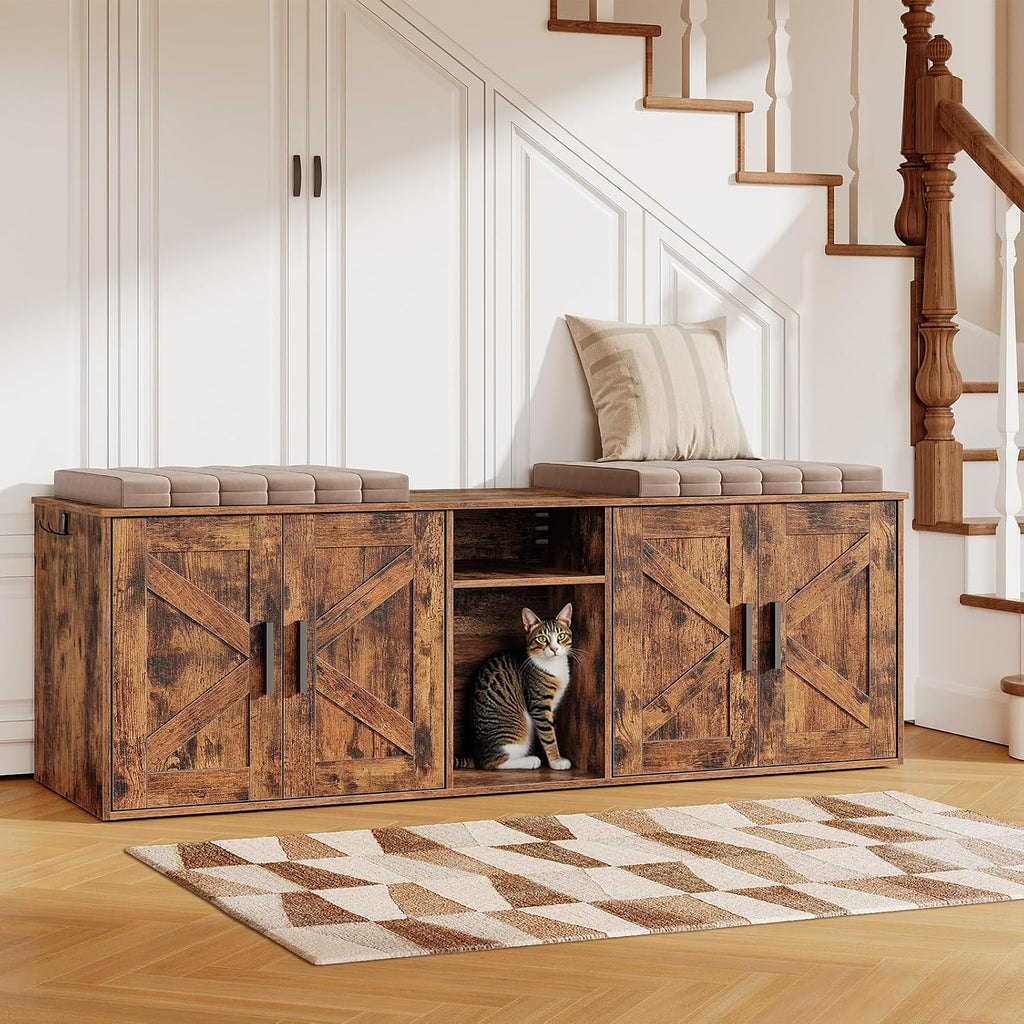 Double Litter Box Enclosure, Hidden Litter Box Enclosure with Corridor, Cat Litter Box Furniture with Storage Layer