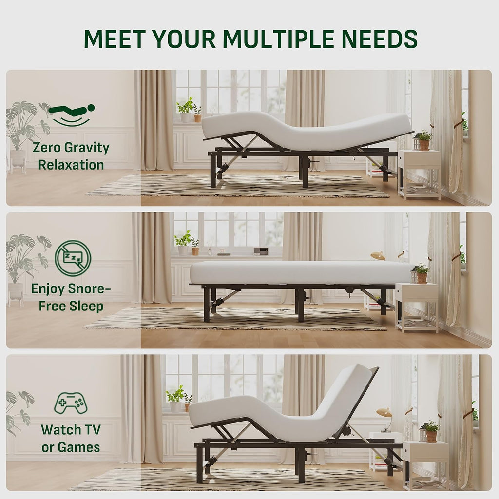 Split King Adjustable Bed Frame, Zero Gravity, Independent Head & Foot Incline, Wireless Remote, Memory Position, 900
