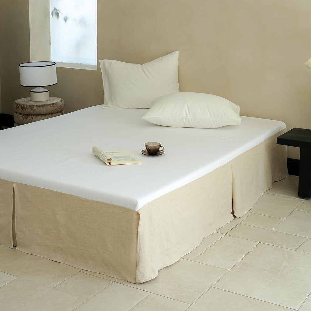 French Linen Bed Skirt with Classic 14 inch Drop Dust Ruffle, Tailored Draped Natural Flax Cotton Blend Basic Dust